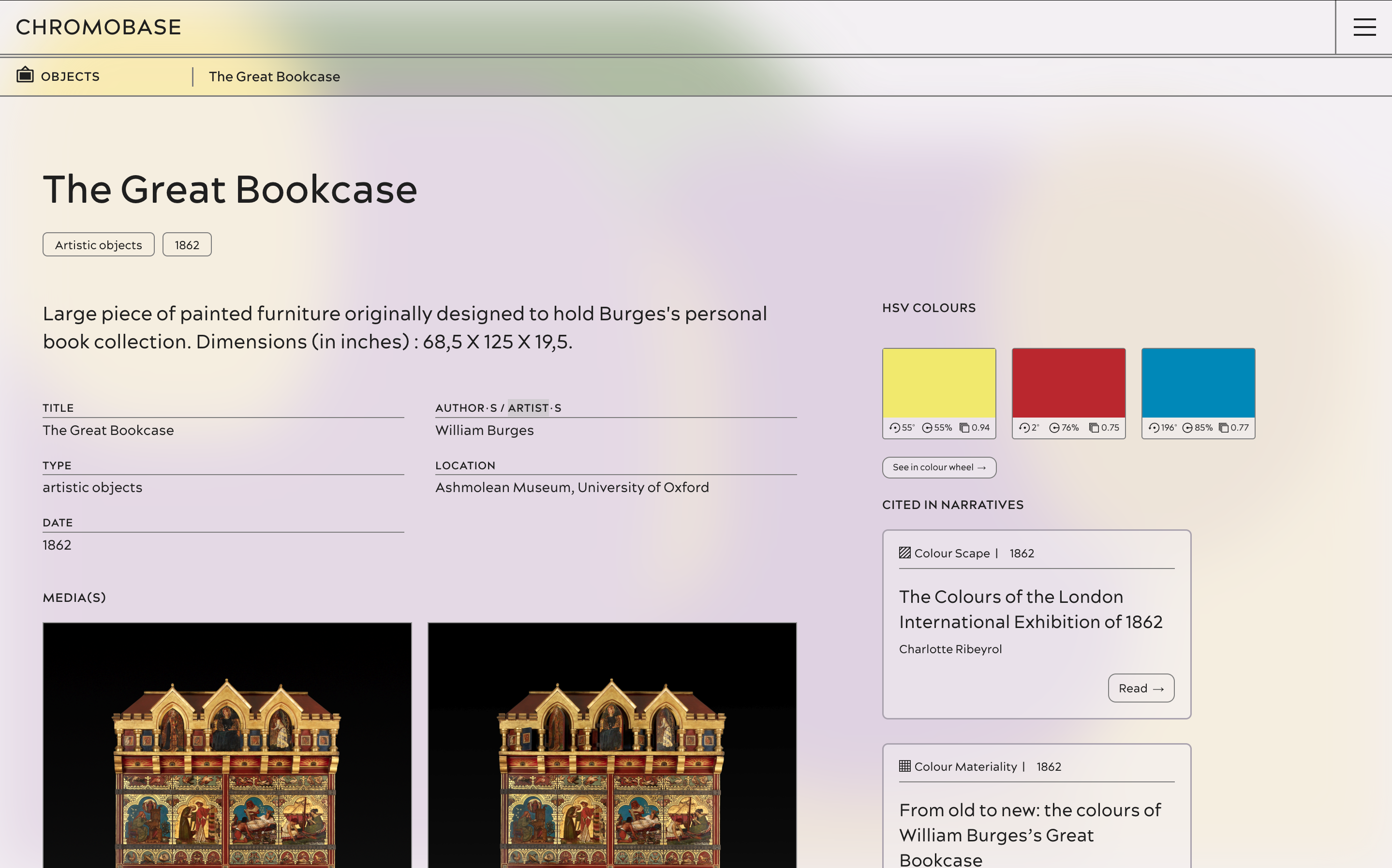 A page in the ‘Objects’ category with images, various metadata and associated articles