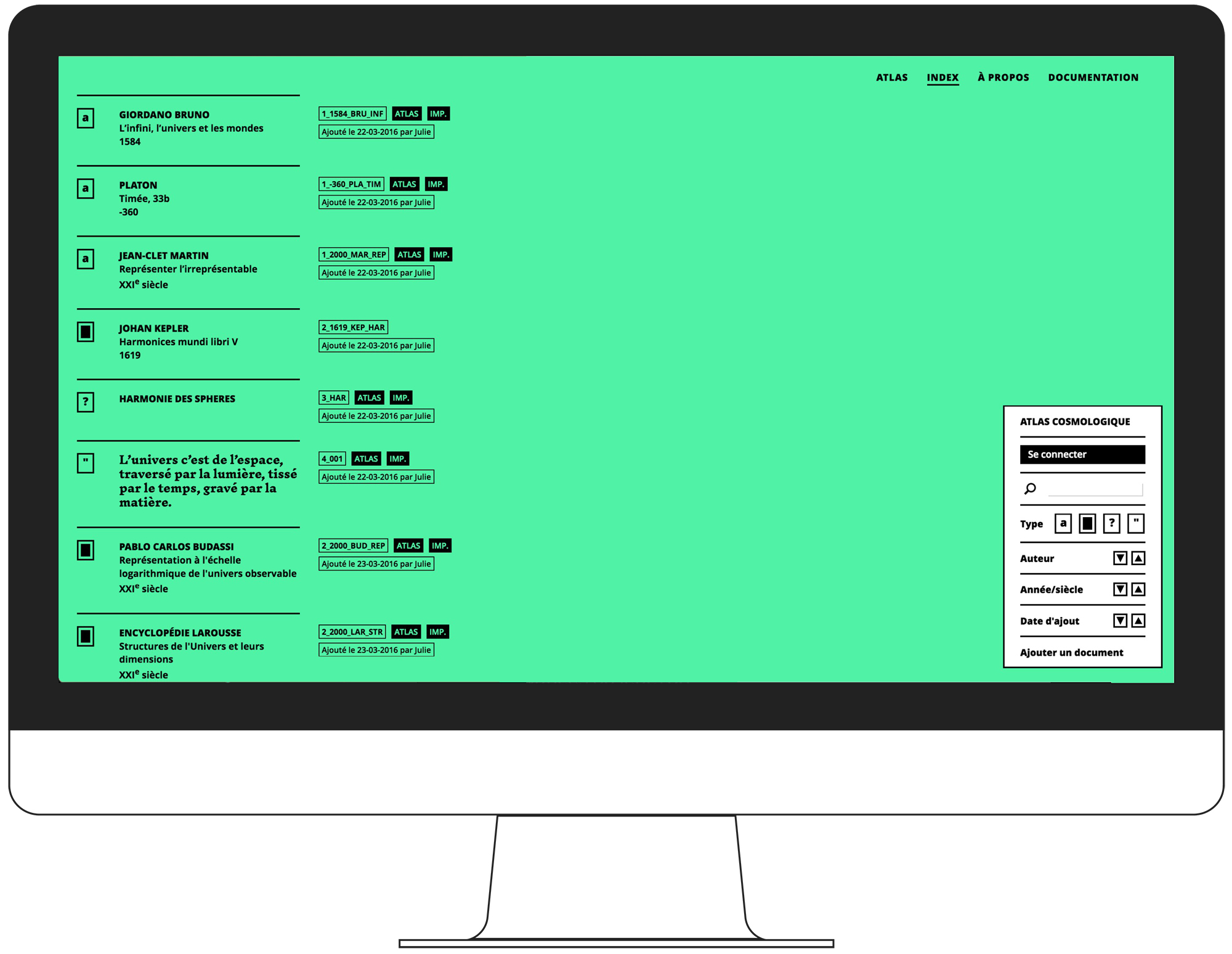 Capture d'écran de l'interface web de l'atlas cosmologique
